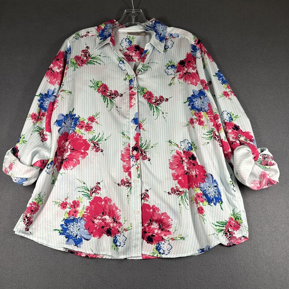 Chicos Shirt Womens 3 Multicolor Floral Stripe Button Front Roll Tab Sleeve